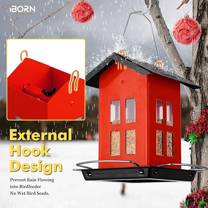 iBorn Bird Feeder House, Metal Bird Feeders for Outdoors Hanging,Double-Sided Metal Hanger & Weatherproof, Easy to Clean & Refill, 1.5 Lbs Capacity, Red