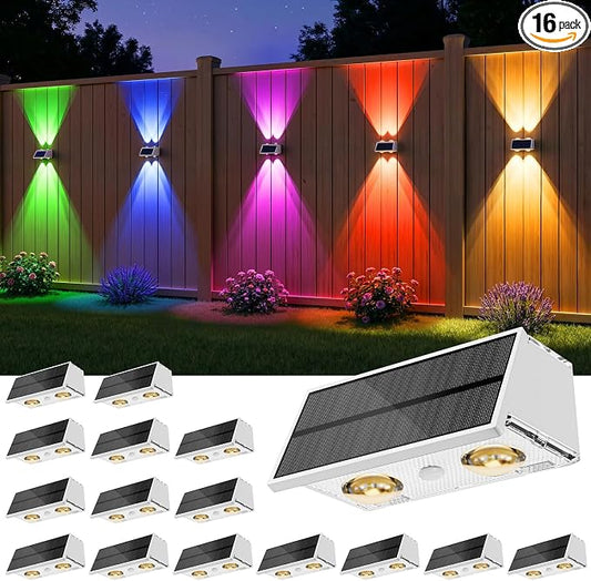 Bridika Solar Fence Lights, 16 Pack Up and Down Solar Lights Outdoor Waterproof, 8 Colors Lens LED Dusk to Dawn Wall Lights for Fence, Patio, Deck, Backyard, Garden White