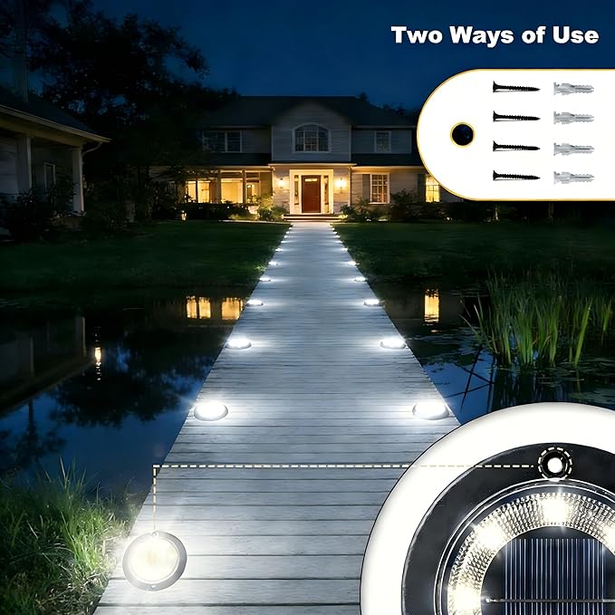Flacchi Solar Lights Outdoor Waterproof - 2-in-1 Solar Powered Ground Lights Outdoor Solar Disk Light Landscape Light for Deck Step Patio Yard Pathway Walkway Driveway Garden (Cool White, 2 Pack)