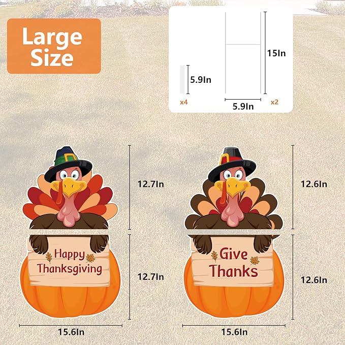 Large Thanksgiving Yard Signs 2pc with Stakes Turkey Pumpkins Give Thanks Happy Thanksgiving Decorations Outdoor Harvest Garden Signs Seasonal Holiday Party Supplies Lawn Yard Decorations