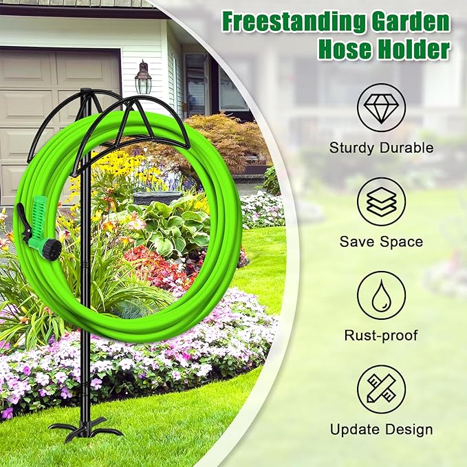Gtongoko Garden Hose Holder with Upgrade 5 Prongs Base Freestanding Water Hose Holders for Outside Holds 150ft Hose Heavy Duty Metal Hose Hanger Sturdy Detachable Hose Stand Organizer Yard Black