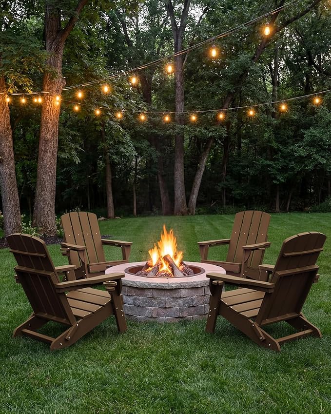 Folding Adirondack Chair 2 Pack, HDPE All-Weather Fire Pit Chairs, Plastic Adirondack Chairs with 2 Cup Holder, Outdoor Lawn Chair for Patio Garden (Brown)