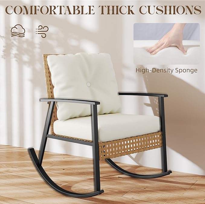 LEX CRAFT 3 Piece Outdoor Rocking Chairs, Outdoor Patio Furniture Set with Thick Cushion and Coffee Table, Rattan Rocking Bistro Set for Grand Porch Balcony Garden
