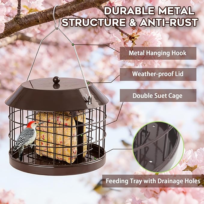 Gbekery Caged Suet Bird Feeder for Outdoors Hanging, Squirrel Proof Double Suet Feeder for Small Birds, Metal Cage with Detachable Hook, Large Space, Outdoors Weatherproof, Brown