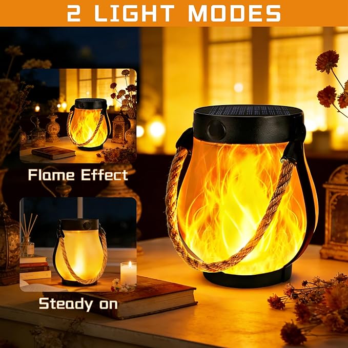 4 Pack Solar Lanterns Outdoor Waterproof, Flickering Flame Hanging Lanterns Decorative Outdoor with 2 Modes, Dual Charging USB & Solar-Powered Outdoors Lantern for Porch Yard Patio Tree Garden Decor