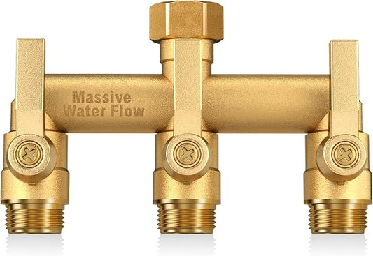 3 Way Hose Splitter Heavy Duty, Solid Brass Full Flow Outdoor Faucet and Garden Hose Splitters, Water Spigot Splitter T Adapter, All Metal Water Connector with Shut-Off Valve, 3/4 - Inch GHT Thread