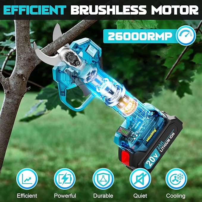MtiolHig Electric Pruning Shears, 0.8-2 Inch Cutting Diameter Brushless Electric Pruner with 2 x 2.0Ah Rechargeable Batteries, Cordless Electric Scissors - with LCD Display for Tree Branch