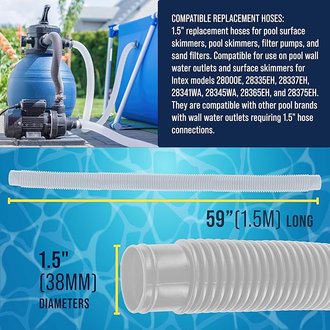 U.S. Pool Supply Above Ground Pool Hose Replacement 1.5" Diameter x 59" Long, Pack of 3, White - Compatible with Intex Pool Surface Skimmer, Filter Pump Hose - 6 Metal Clamps
