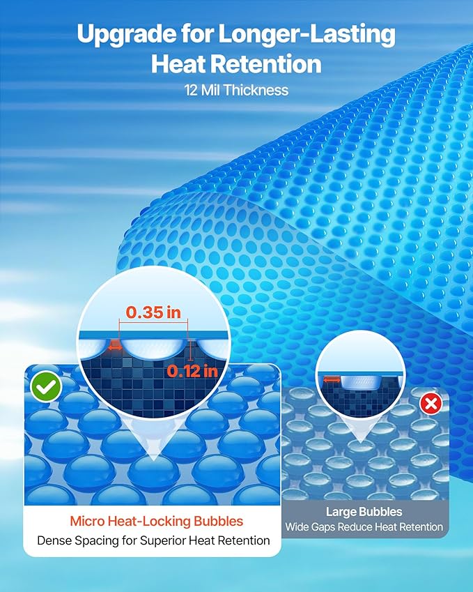VEVOR Solar Pool Cover, 36 x 16 ft Rectangle Pool Bubble Cover, 12 Mil Pools Solar Blanket with Bubble & PE Material, Daytime Heat Absorption, Nighttime Heat Retention, Heat Retaining Solars Covers