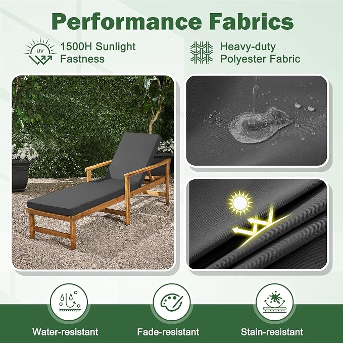 2 Pcs Chaise Lounge Cushions Outdoor Set of 2, 72x 21x 3 Inch Waterproof & Fade-Resistant Lounge Chair Cushion, Outdoor Chaise Cushion with Ties for Lawn, Patio, Pool & Beach, Dark Grey