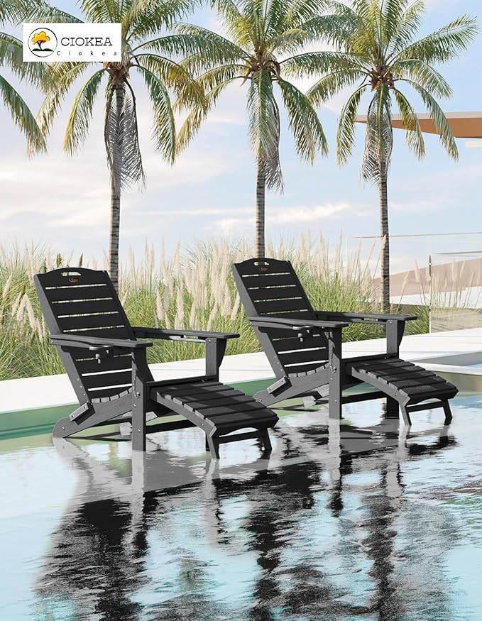 Ciokea Folding Adirondack Chair with Retractable Ottoman Fire Pit Patio Chair with Pull Out Foot Rest Weather Resistant Lawn Outdoor Lounge Chair with 2 Cup Holder (Black)
