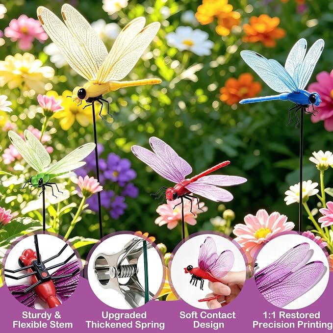 24 Pack Dragonfly Clips, Realistic Fake Dragonfly Hummingbird Garden Stakes, Multipurpose Plastic Yard Ornaments for Outdoor Decor, Patio, Hats, Fly Deterrent for Horses, Deer, Indoor Outdoor Use