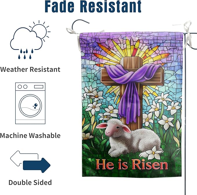 Christian Easter Garden Flags for Outside 28x40 Double Sided He Is Risen House Flag Religious Easter Lamb Decor Stained Glass Cross Flag Lily Spring Outdoor Flag Large