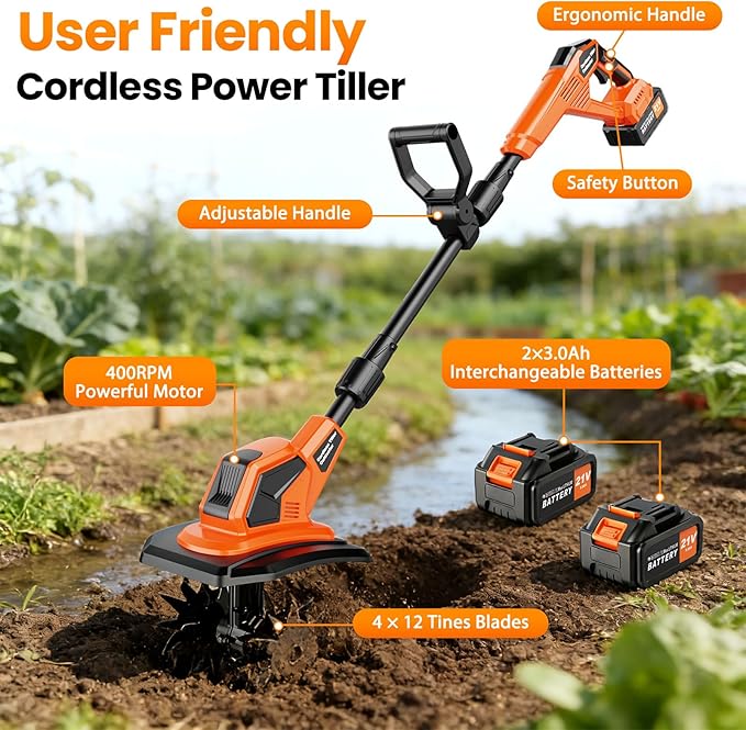 400RPM Brushless Cordlees Tiller Cultivator for Gardening, 20V Electric Garden Tiller Battery Powered((2*3.0Ah Battery&Charger), 9.5"Width 7"Depth, Garden Rototiller for Yard/Lawn/Soil Tiller (Orange)
