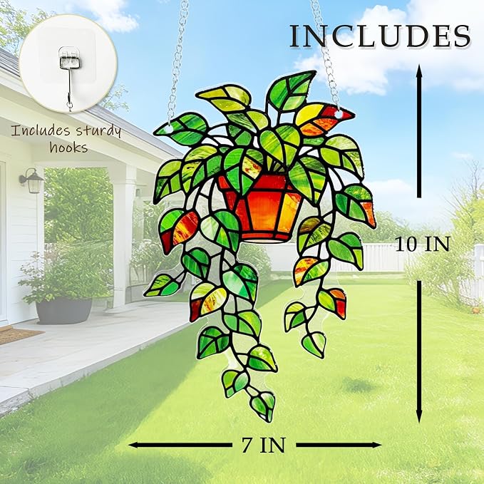 Plant Suncatcher Glass, Stained Glass Suncatcher Plant Window Hanging, Unique Nature Lover Gifts Leaf Ideas