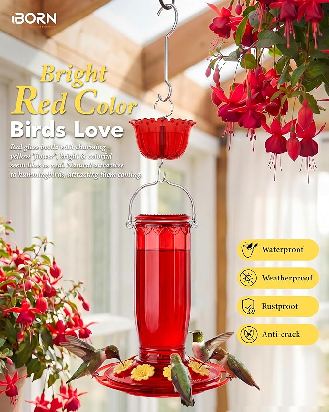 iBorn Hummingbird Feeders for Outdoors Hanging with Ant Moat for Hummingbird Feeder Glass 8 Ports for 16oz Humming Bird Nectar,Yellow Flowers Red Glass, Pack of 1