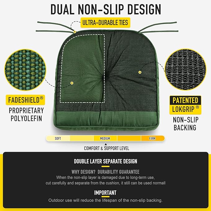 SUNROX Memory Foam Non Slip Rocking Chair Cushion, FadeShield Water Resistant Thicken Durable Tufted Pads, Set of Seat & Back Cushion with Ties for Indoor/Outdoor Rocker, 2 Piece, Army Green