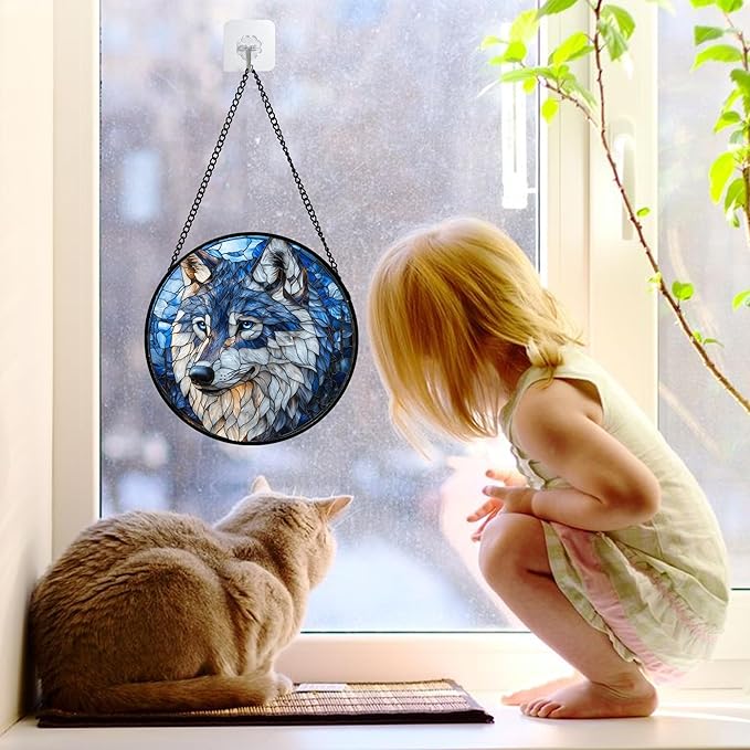 DASTOLL Stained Glass Window Hanging - Funny Wolf Suncatcher Ready to Hang Window Doors Home Decoration and Christmas, Mother's Day Birthday Gifts for Women, Men, and Mom 6.3x6.3 in