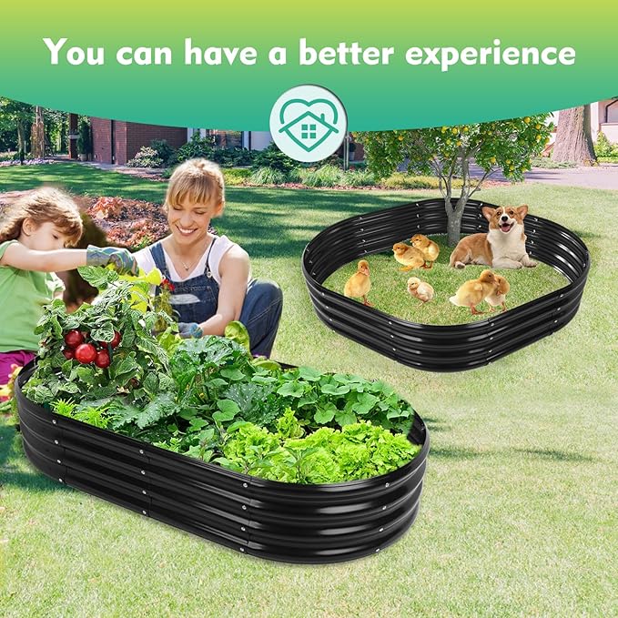 YSEJOMP 5X2.7X1 FT Oval Galvanized Metal Garden Raised Bed/Plant Box for Planting,32 Inches Diameter Iron Fire Pit Ring,Small Animal Fence-3 in 1 Modular Design in Black (Black, 60X32X11.5 Inches)