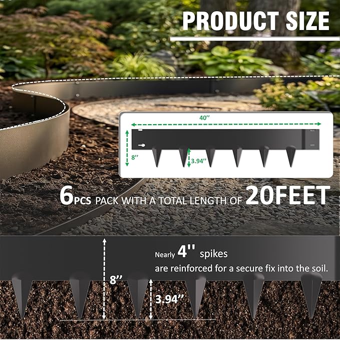 20ft. Galvanized Steel Landscape Edging (6-Pack) – 40" x 8" Metal Garden Border, Hammer-in Lawn Edging for Landscaping, Tree Rings, Yard & Pathway – Black Steel Lawn Edge for Garden Design