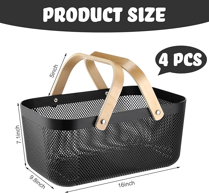 Sadnyy 4 Pcs Plastic Mesh Garden Harvest Basket Storage Basket with Wooden Handle Multi Functional Mesh Bin for Kitchen Cabinet Picnic Fruit Vegetable Gathering Organizer(Large,Black)