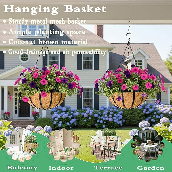 4 Pack 14 Inch Hanging Planters for Outdoor Plants Metal Hanging Planter Basket with Coco Coir Liner Round Plant Black Flat Iron Metal Flower Pots for Deck Patio Porch Garden Balcony