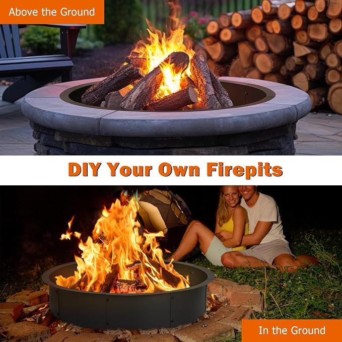 OUSHENG 36 Inch Fire Pit Ring Insert Open Bottom Design for DIY Stone/Brick Fire Pit 39" Outer x 36" Inner Heavy Gauge Steel with Heat-Resistant Coating Easy Assembly, for Backyard Camping Patio