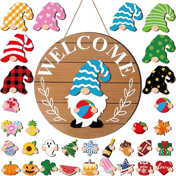 Qunclay Interchangeable Wooden Gnome Decor Holiday Seasonal Gnome Decorations with Magnet Pieces and Detachable Hats Changeable Welcome Sign for Home(Simple Style)