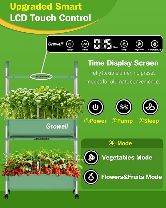Growell Large Hydroponics Growing System Kit, Vertical Indoor Herb Garden Kit with LED Grow Light & Independent Water Pump, 28L Movable Indoor Planter Perfect Gardening Gifts (2 Tier-54 Pods Green)