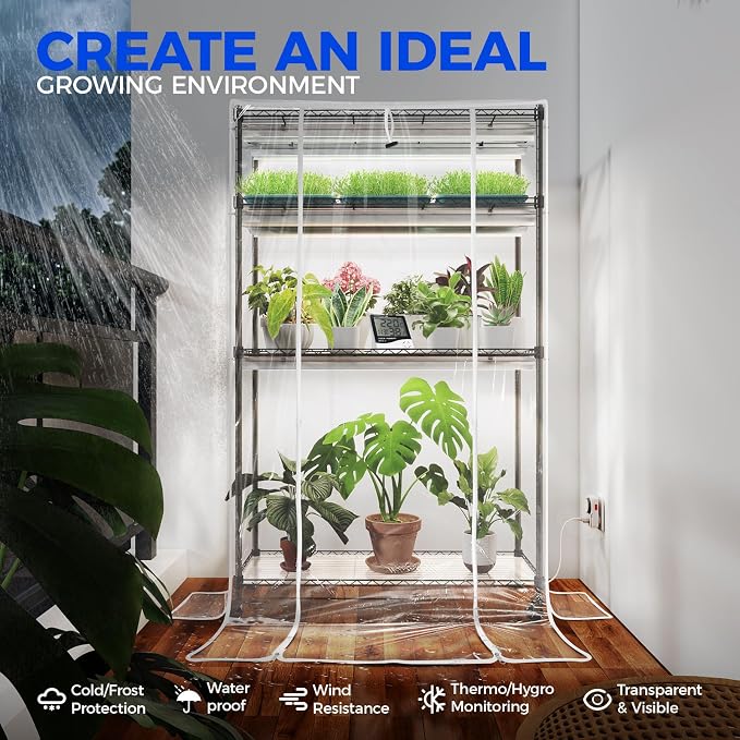 Barrina CX5Z Indoor Greenhouse with Grow Light, 6PCS 30W per Light Full Spectrum T8 Plant Lights, 4-Tier Portable Metal Plant Stand Tent and Thermometer for Seed Starting, 35.4x13.8x59IN