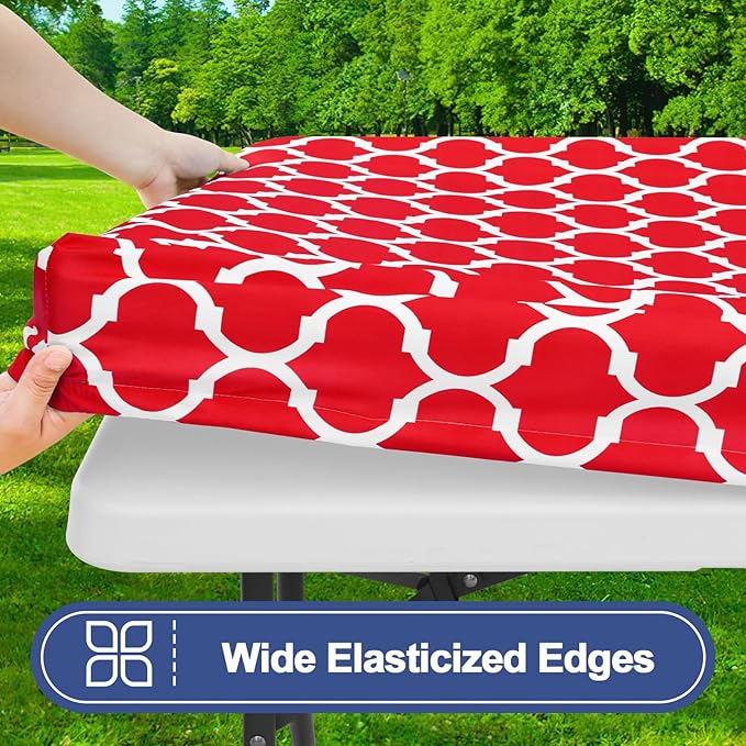 Smiry Picnic Table Cover with Bench Covers, Waterproof Elastic Fitted Tablecloth for 5 Foot Tables, Washable Polyester Tablecloths for Camping, Indoor & Outdoor (Red, 30x60 Inch 3-pc Set)