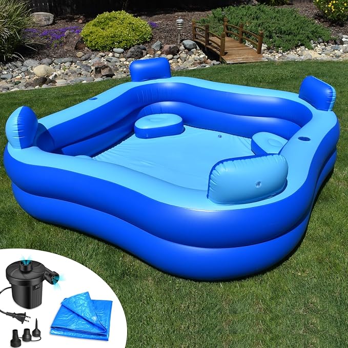 Inflatable Pool w/Seats & Headrests, 8ft x 8ft, Comes with Electric Pump and Ground Tarp Included - Fast Setup and Reinforced Seams