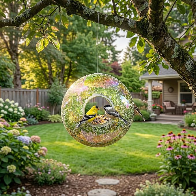 Fly Through Wild Bird Feeder Garden Hanging Bird Feeder Mosaic Circle for Outdoor Decoration,Green
