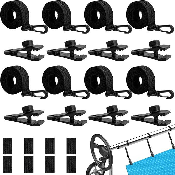 codree 24 Pcs Pool Solar Cover Reel Attachment Kit, Inground Swimming Pool Solar Cover Straps and Clips, Solar Blanket Strap Kit Including 8 Straps with Hooks, 8 Clips and 8 Touch Fastener (Black)