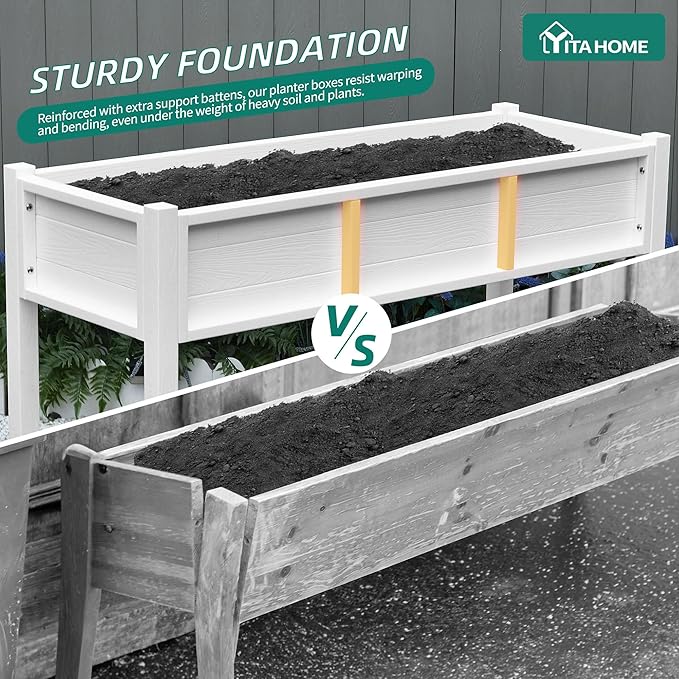 YITAHOME Raised Garden Bed HDPE, 47x18x31In Raised Flower Bed Poly-Wood Weather-Resistant Elevated Planter Box with Lockable Wheels & Storage Shelf for Vegetable Flower, White