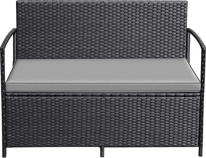 Greesum Patio Loveseat PE Rattan Wicker Outdoor Furniture with Soft Cushions & Built-in Storage Space for Lawn Garden Backyard, Black