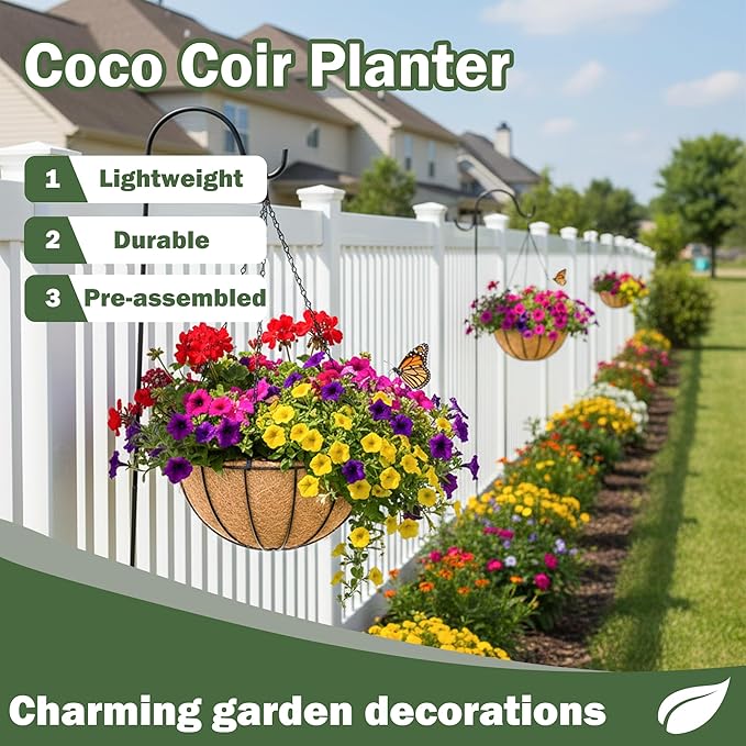 4 Pack 14 Inch Hanging Baskets for Plants Outdoor Metal Hanging Planter Basket with Coco Coir Liner Hanging Flower Baskets Hanging Flower Pots Holder for Garden, Patio(Watermelon)