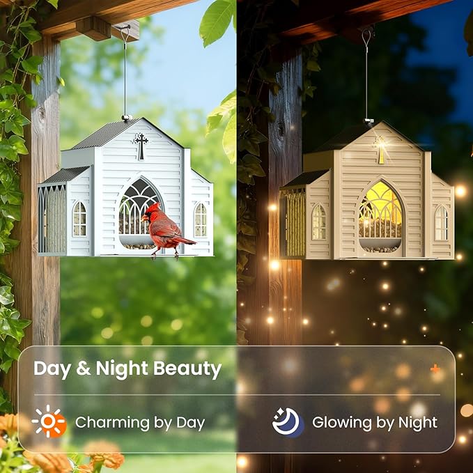 Church-Shaped Metal Bird Feeder with Solar Light - Hanging Outdoor Feeder, 5 LB Large Capacity & Bird Suet Design, Weatherproof, Garden/Yard/Deck Decor & Unique Gift for Christmas & Mother's Day