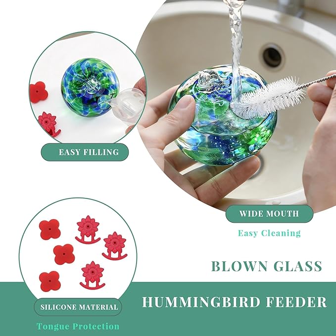 QFkris Set of 3 Blown Glass Hummingbird Feeder with Suction Cups for Window, Small Hummingbird Feeder with Flower Feeding Ports for Outside Garden Backyard Decor, Gifts for Women Mom(Green)