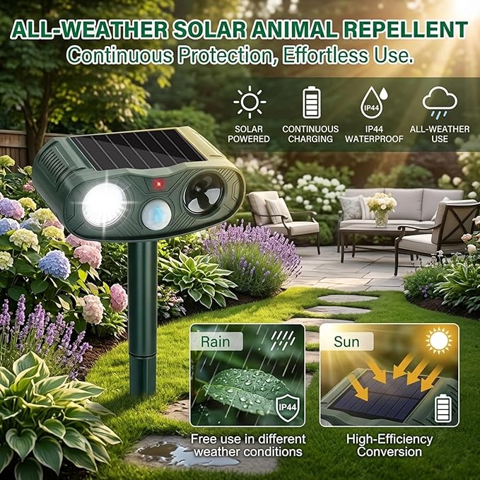 4-Pack Solar Ultrasonic Animal Repellent Outdoor: 2026 Upgraded Deer Repellent Devices & Cat Repeller for Yard, Motion Detection Squirrel Raccoon Dog Bear Deterrent with LED Flash Lights