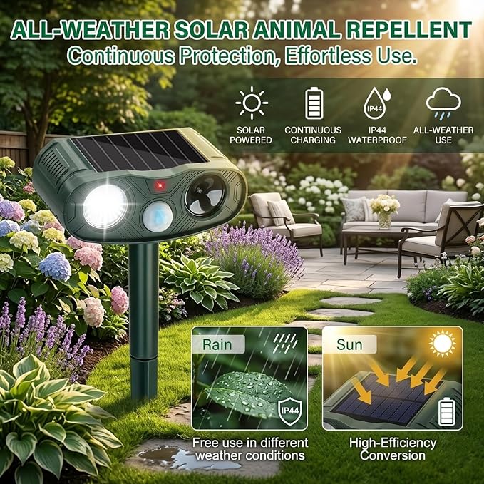 4-Pack Solar Animal Repellent Outdoor: Sonic Fortress Pro Deer Repellent Devices&Ultrasonic Cat Repeller for Yard & Garden, Waterptoof Raccoon Squirrel Deterrent with LED Flash Lights