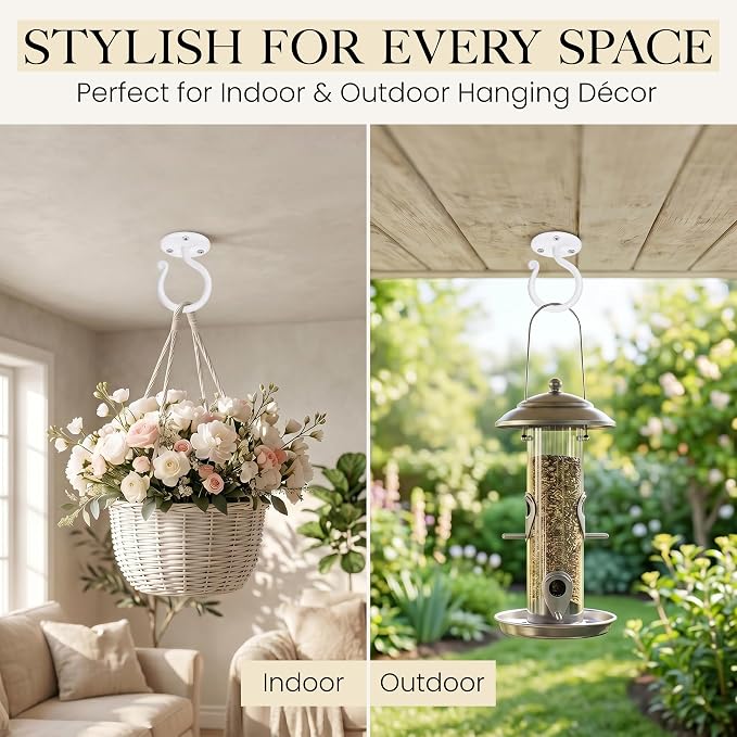 RTZEN Plant Hangers Outdoor or Indoor - Wrought Iron Metal Hanger Indoor Hook - Heavy Duty Wall Bracket Hooks for Hanging Plants Baskets Lanterns Bird Feeders - 2 Pack (White Ceiling Hooks 3.1")