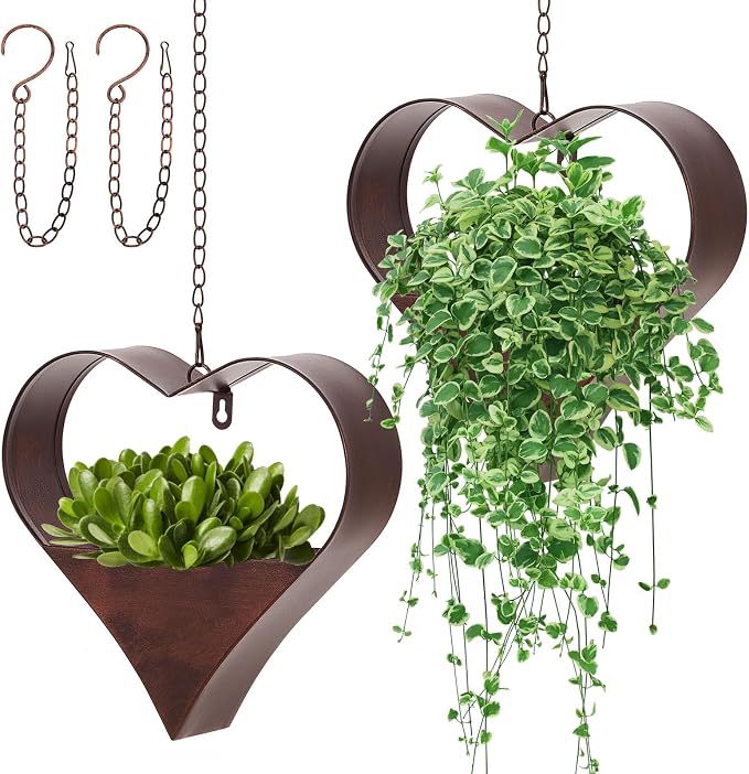 2 Pack Metal Plant Hangers Indoor and Outdoor Rustic Heart Shape Hanging Planters Holder Detachable Flower Pot with Hooks Chains Drain Hole Birthday Gifts for Women Mom Garden Lovers Home Decor