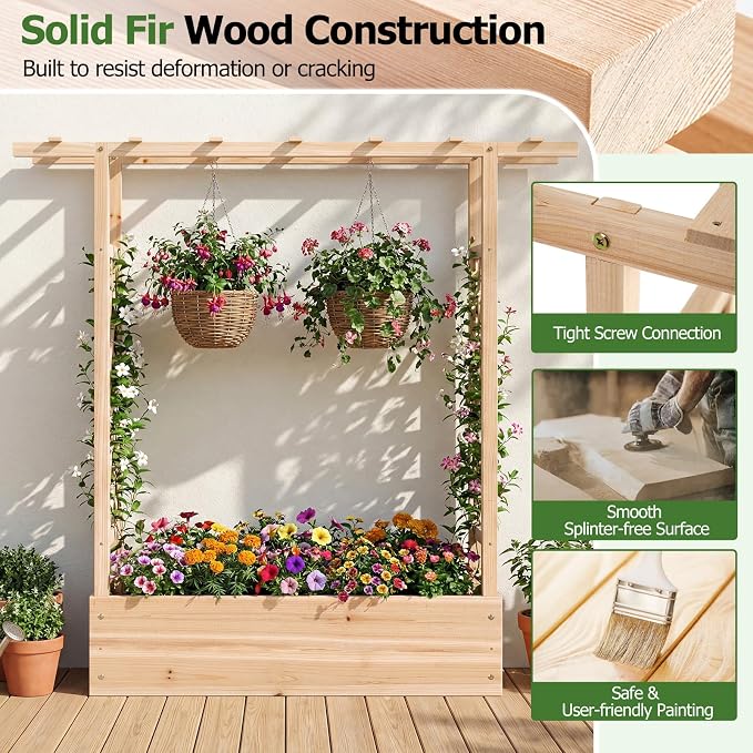 HAPPYGRILL Raised Garden Bed with Trellis & Hanging Roof, 45" Tall Wooden Planter Box with Drainage Holes, Outdoor Wood Elevated Garden Bed for Climbing Plants Vines Vegetables Flowers (Natural,2)