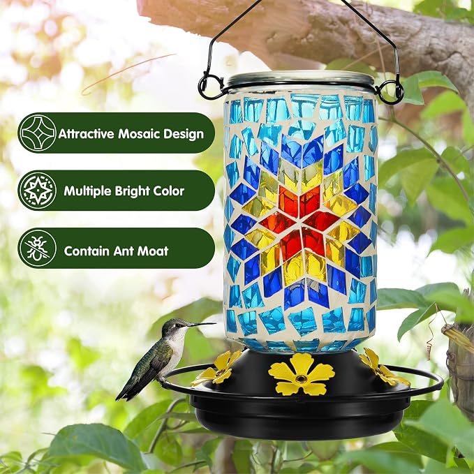 Glass Hummingbird Feeder, Blue Hummingbird Feeders for Outdoors Hanging, 19 Ounces, Mosaic Flower Bottle Easy to Clean, 5 Feeding Ports, Ant Moat Included