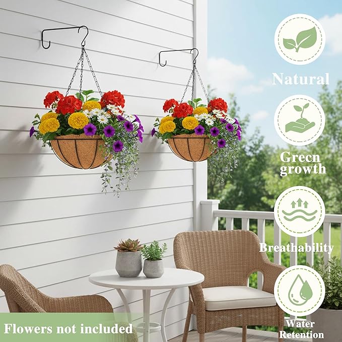 EIMQUVW Outdoor Metal Hanging Planters Basket (2pack, 12 inch) Hanging Baskets for Plants Chain Round Wire Plant Holder with Coco Fiber Liners for Garden, Patio, Deck, Porch