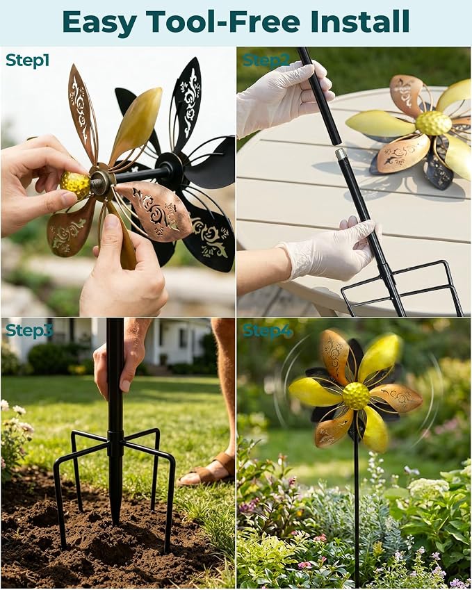 Metal Wind Spinner for Yard, Double-Sided Kinetic Garden Spinner, 37" H Outdoor Yard Decor with 5-Prong Ground Stake, Weather-Resistant Lawn Ornament