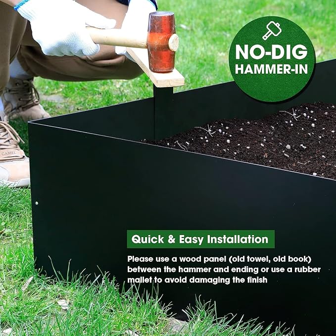 Worth Garden 4-Pack 12" H. Galvanized Steel Landscape Edging w/Black Powder Coating - 40" L x 12" H Strips - Hammer-in 16-Gauge Metal Border w/ 5 Clips & Gloves - Edge for Lawn Yard (13Ft Total)