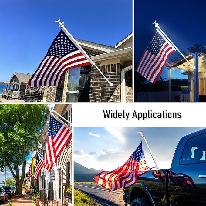 LETSTRY 6FT Flag Pole Kit for Outside House with Solar Light, 1" Thickened Stainless Steel with Adjustable Bracket, Wall Mount Flagpole for 3x5 American Flags for Outdoor, Residential, Porch (White)
