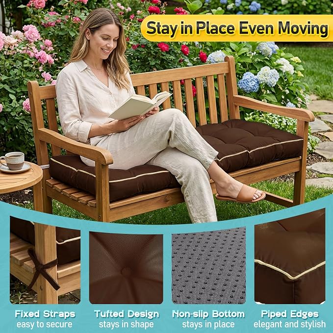Outdoor Bench Cushion, Tufted Patio Seat Pad for Garden Bench, Porch Swing, Indoor/Outoor Furniture (Coffee Brown, 60X18X5)